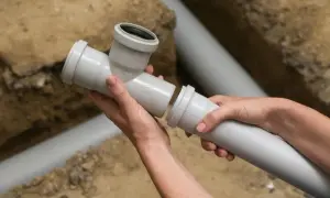 Ręce składają elementy instalacji wodnej. Widać rury i trójnik, przygotowywane do połączenia w wykopie.
