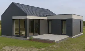 Nowoczesny dom z płyty warstwowej, z dużymi przeszkleniami i betonowym tarasem, otoczony zielenią.