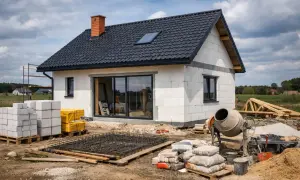 Budowa domu 80m2. Betonowa płyta zbrojeniowa, bloczki, cement i betoniarka czekają na dalsze prace.