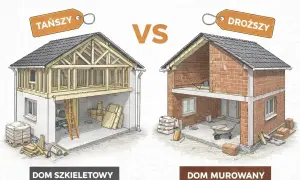 Porównanie: tańszy dom szkieletowy vs. droższy dom murowany. Widok przekroju obu budynków, ukazujący konstrukcję i materiały.
