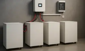Nowoczesny magazyn prądu z bateriami i falownikiem, gotowy do gromadzenia energii.