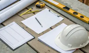 Na stole budowlanym leżą plany, biały kask, poziomica i przybory do pisania. To wszystko, co potrzebne, by zrozumieć, **jarzmo co to** za projekt.