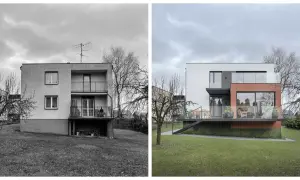 Porównanie elewacji domów z lat 70-tych: zniszczony budynek obok nowoczesnej, odnowionej wersji.