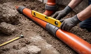 Ręce w rękawiczkach kładą poziomicę na pomarańczowej rurze 160, sprawdzając minimalny spadek.