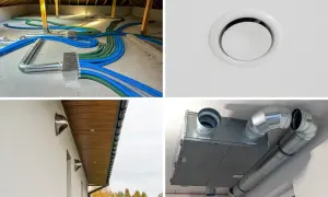 Rozbudowana instalacja wentylacyjna w domu: kanały w poddaszu, kratka nawiewna, wyloty zewnętrzne i rekuperator.