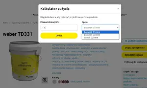 Kalkulator zużycia tynku mozaikowego weber TD331. Wpisz powierzchnię (m²) i wybierz opcję "baranek 1,5 mm", aby poznać wydajność 25 kg.