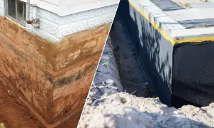 Przed i po: stara, wilgotna ściana fundamentowa obok nowej, zabezpieczonej masą KMB.