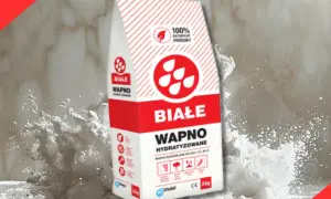 Białe wapno hydratyzowane w worku, otoczone chmurą pyłu. Idealne do budowy i tynkowania.