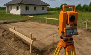 Precyzyjne wyznaczenie fundamentów domu przez geodetę. Cena za punkt pomiarowy jest kluczowa dla dokładności.