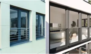 Nowoczesne balkony francuskie z metalowymi barierkami i szklanymi balustradami, oferujące widok na miasto i luksusową łazienkę.