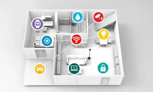 Schemat nowoczesnego smart domu z ikonami: ogrzewanie, klimatyzacja, woda, Wi-Fi, kamera, światło, zamek, samochód, laptop i smartwatch.