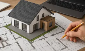 Model domu na planach architektonicznych, ręka z ołówkiem. Rozpocznij swoje projektowanie domu online za darmo.