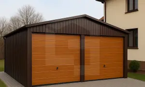 Nowoczesny garaż dwustanowiskowy wymiary idealne na dwa auta. Brązowa konstrukcja z drewnopodobnymi bramami.