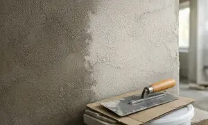 Świeżo otynkowana ściana, narzędzia budowlane i wiadro. Czekamy, aż beton wyschnie.