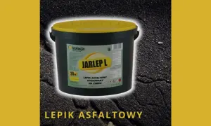 Czarny pojemnik z żółtą pokrywą, zawierający lepik asfaltowy JARLEP L.