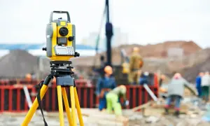 Żółty przyrząd geodezyjny na statywie na placu budowy, gdzie pracownicy w kaskach wykonują swoje zadania.