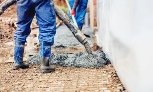 Pracownicy wylewają beton na zbrojenie. Wiedząc, ile waży kubik betonu, można oszacować ciężar tej budowy.