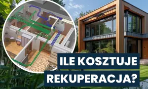 Nowoczesny dom z systemem wentylacji mechanicznej z odzyskiem ciepła. Wewnątrz widoczny schemat instalacji.