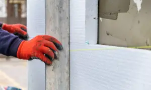 Ręce w pomarańczowych rękawicach układają biały styropian. Niska lambda styropianu zapewnia izolację.