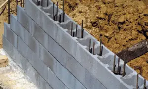 Ściana fundamentowa z pustaków betonowych z zbrojeniem, w trakcie budowy.
