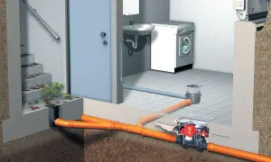 Przekrój ukazuje nowoczesną instalację kanalizacyjną z pompą, odprowadzającą ścieki z łazienki i schodów.