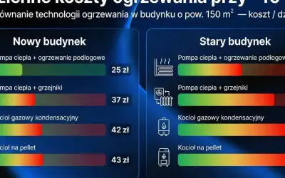 Porównanie kosztów dziennych ogrzewania dla nowego i starego budynku. Różne technologie, np. pompa ciepła, kotły gazowe i na pellet, pokazują efektywność instalacji grzewczej.