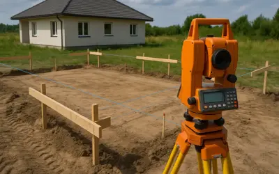 Precyzyjne wyznaczenie fundamentów domu przez geodetę. Cena za punkt pomiarowy jest kluczowa dla dokładności.