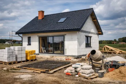 Budowa domu 80m2. Betonowa płyta zbrojeniowa, bloczki, cement i betoniarka czekają na dalsze prace.