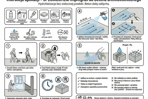 Instrukcja aplikacji impregnatu do betonu. Zapewnia hydrofobizację bez widocznej powłoki, dzięki czemu beton oddycha.