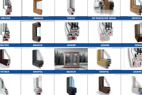 Przekroje okien aluminiowe czy pcv różnych producentów: Drutex, Abakus, Mirox, Krispol, Adams, Vetrex.