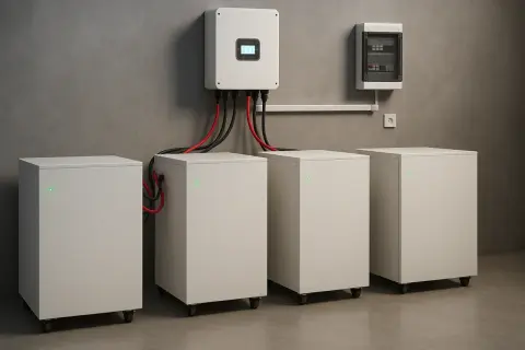 Nowoczesny magazyn prądu z bateriami i falownikiem, gotowy do gromadzenia energii.