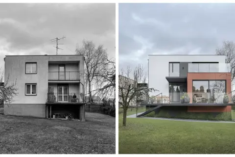 Porównanie elewacji domów z lat 70-tych: zniszczony budynek obok nowoczesnej, odnowionej wersji.