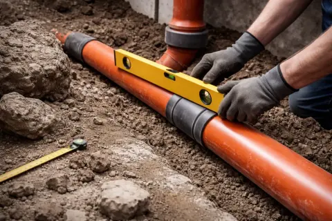 Ręce w rękawiczkach kładą poziomicę na pomarańczowej rurze 160, sprawdzając minimalny spadek.