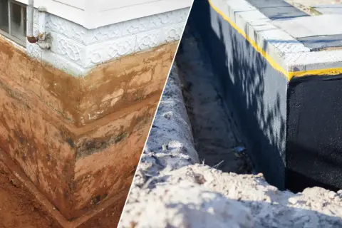 Przed i po: stara, wilgotna ściana fundamentowa obok nowej, zabezpieczonej masą KMB.