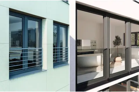 Nowoczesne balkony francuskie z metalowymi barierkami i szklanymi balustradami, oferujące widok na miasto i luksusową łazienkę.