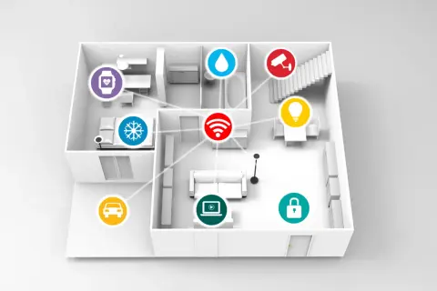 Schemat nowoczesnego smart domu z ikonami: ogrzewanie, klimatyzacja, woda, Wi-Fi, kamera, światło, zamek, samochód, laptop i smartwatch.