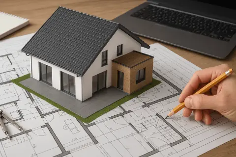 Model domu na planach architektonicznych, ręka z ołówkiem. Rozpocznij swoje projektowanie domu online za darmo.