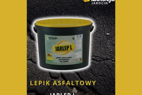 Czarny pojemnik z żółtą pokrywą, zawierający lepik asfaltowy JARLEP L.