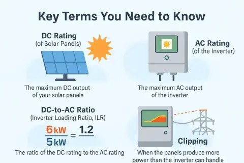 Falownik co to jest? Wykres wyjaśnia kluczowe terminy: DC Rating paneli, AC Rating falownika, stosunek DC/AC i clipping.
