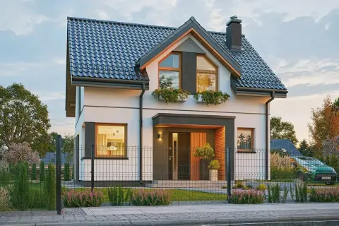 Nowoczesny dom do 70m2 z dużymi oknami i zadaszonym wejściem. Elegancka bryła, zadbany ogród i zielony samochód na podjeździe.