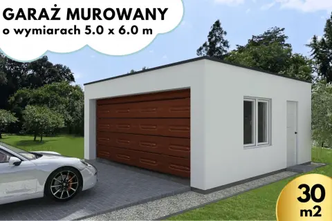 Nowoczesny garaż murowany 5x6m z brązową bramą, białymi ścianami i oknem. Obok lśniący samochód.