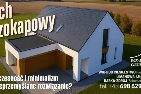 Nowoczesny dom z dachem bezokapowym, otoczony zielenią.