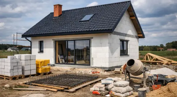 Budowa domu 80m2. Betonowa płyta zbrojeniowa, bloczki, cement i betoniarka czekają na dalsze prace.