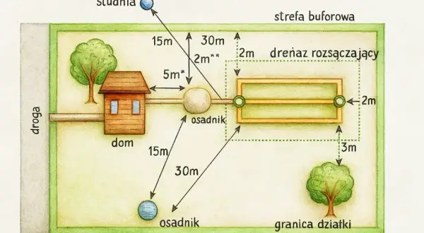 Schemat działki z domem, studnią i osadnikami. Widać drenaż rozsączający, który jest częścią systemu odprowadzania ścieków.