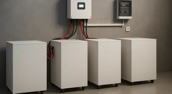 Nowoczesny magazyn prądu z bateriami i falownikiem, gotowy do gromadzenia energii.