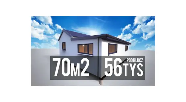 Tani dom pod klucz 70m2 za 56 tys. zł. Biały, nowoczesny budynek z ciemnym dachem i oknami, na tle błękitnego nieba z chmurami.