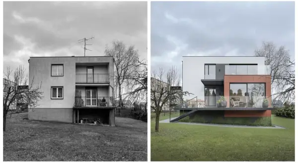 Porównanie elewacji domów z lat 70-tych: zniszczony budynek obok nowoczesnej, odnowionej wersji.