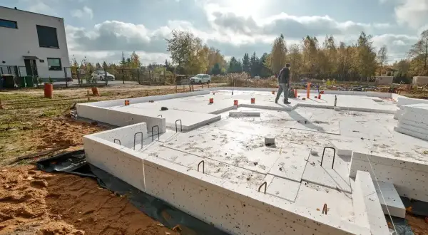 Płyta fundamentowa pod garaż w trakcie budowy. Widać zbrojenie i izolację.
