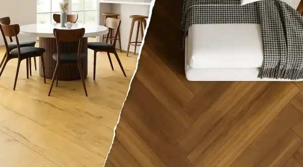 Jasne panele laminowane w jadalni i ciemne panele winylowe w sypialni. Wybierz idealną podłogę do swojego domu.