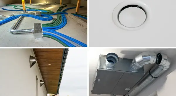 Rozbudowana instalacja wentylacyjna w domu: kanały w poddaszu, kratka nawiewna, wyloty zewnętrzne i rekuperator.